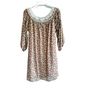 Want and Need woman’s bohemian floral smocked mini lined crochet mini dress XL